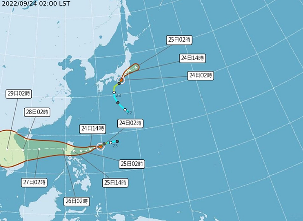 輕颱塔拉斯在日本南方海面，向東北前進，撲向日本本州南部沿海，並逐漸減弱、變性。另一輕颱諾盧偏西移動，通過呂宋島，進入南海。圖／取自氣象局網站