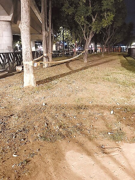 台北市北投區「大同狗活動區」啟用才半年，活動區內草皮光禿、塵土飛揚，讓民眾抱怨連連。（民眾提供／游念育台北傳真）