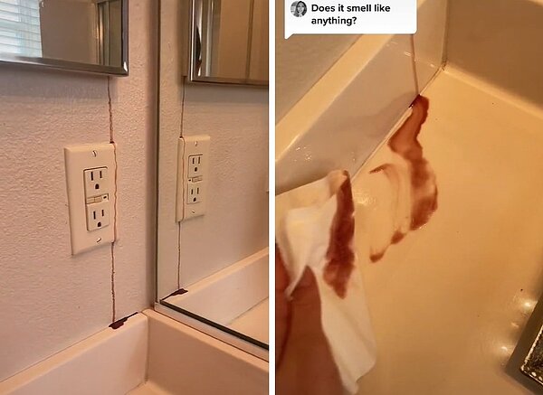 美國一名女子日前發現自己牆壁在滲血,嚇得上網尋求網友建議。圖擷自Tik Tok
