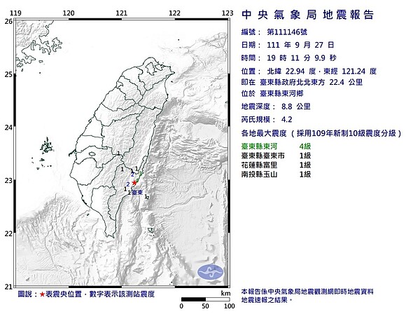 今（27日）晚間7點11分，台東發生芮氏規模4.2地震。圖／中央氣象局提供