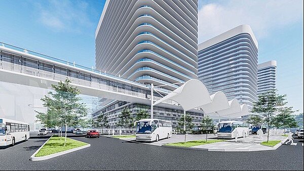 「左營高鐵科技之心」計畫,未來將利用左營高鐵站西側人行空橋連通台鐵新左營站。模擬示意圖/高市都發局提供