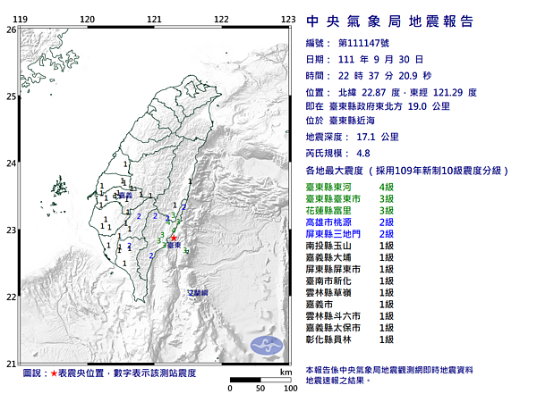 中央氣象局稍早發布最新資訊，今天（30）日晚上10時37分發生芮氏規模4.8地震 。圖／中央氣象局提供