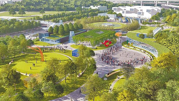 台北市立美術館擴建工程為覆土式地下美術館,預計2028年開館啟用。圖為園區公園表演活動示意圖。(新工處提供/張芷瑜台北傳真)