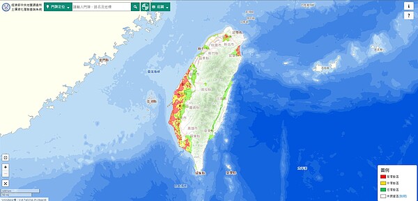 ■台灣土壤液化潛勢圖，可依居住地區查看是否為土壤液化高潛勢區。（資料來源：經濟部中央地質調查所網站「土壤液化潛勢查詢系統」）