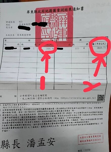 屏東一名男子抱怨自家土地面積經過縣府重新丈量後,少了將近20坪。 圖擷自爆料公社