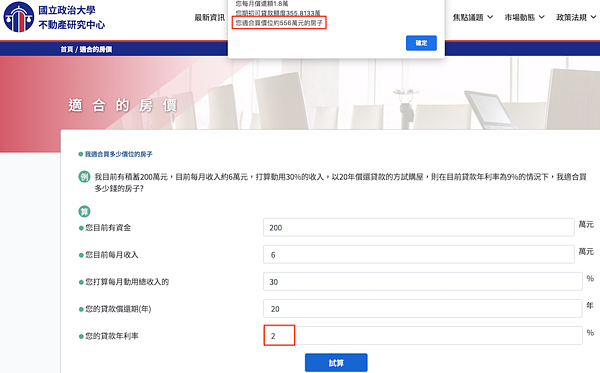 購屋負擔試算。圖／取自政大不動產研究中心