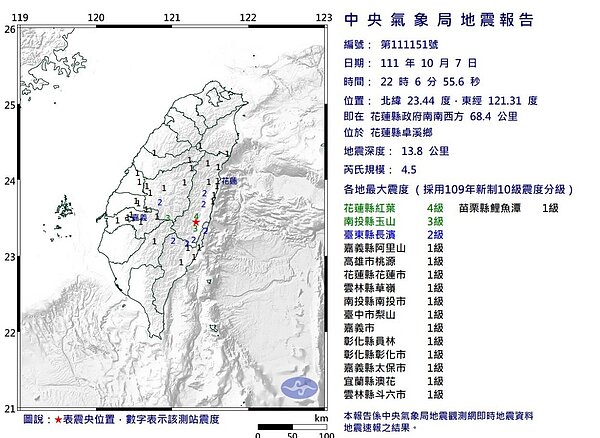 花蓮7日深夜10時6分發生芮氏規模4.5地震。圖／氣象局