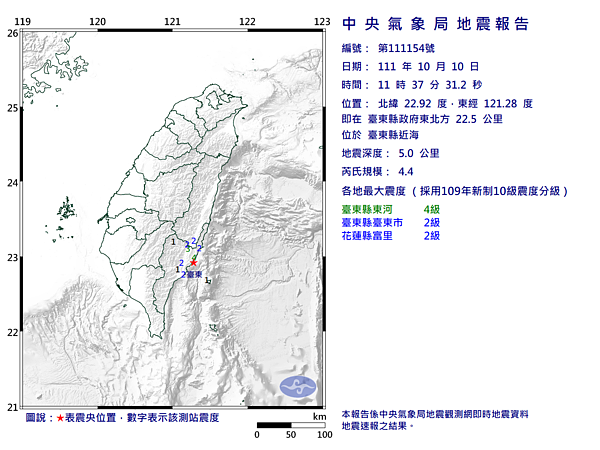 根據中央氣象局最新資訊，今天上午11時37分發生芮氏規模4.4有感地震。圖／中央氣象局提供