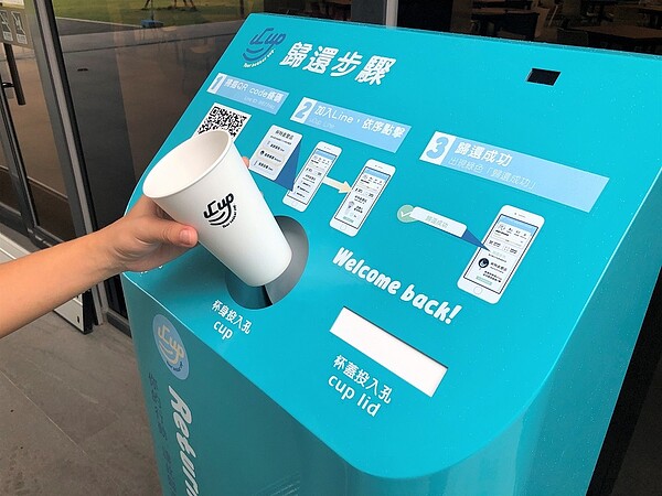 循環杯使用完畢後,除了可直接歸還予合作店家外,也可至無人機歸還站掃描QR+code按步驟歸還。圖/新北市府提供