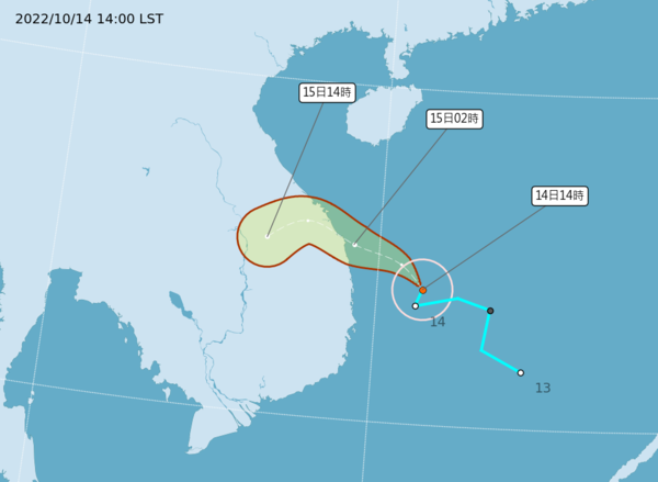 桑卡颱風生成，預測朝西北轉西北西方向往越南移動，對台灣無直接影響。圖／氣象局提供