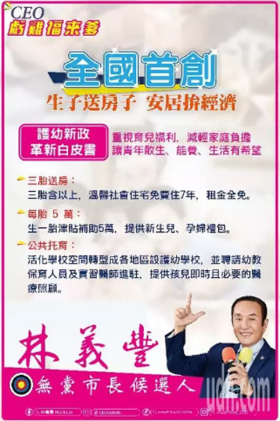 台南無黨籍市長參選人「虧雞」林義豐提出「生子送房子」,獲得許多民眾回響。圖/林義豐提供