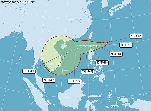 熱帶性低氣壓TD26下午2時的中心位置在菲律賓東方海面,以每小時26公里速度,向西進行。圖/取自氣象局網站