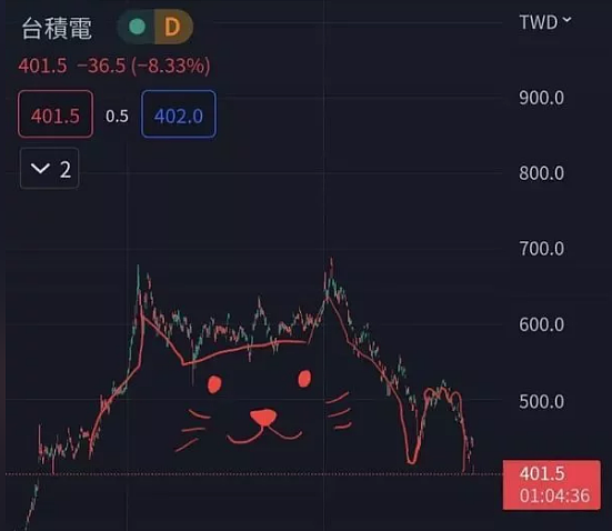 台積電近期慘跌,網友苦中作樂,將走勢圖畫成貓咪。圖擷自Dcard