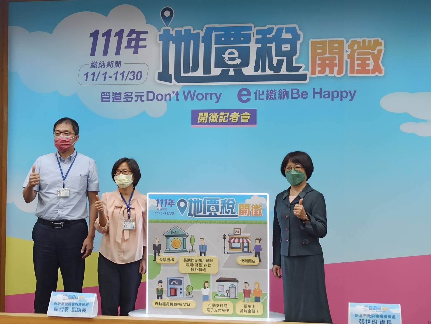 地價稅將於11月1日開徵。右起新北市稅捐稽徵處長張世玢、財政部賦稅署稽徵行政組長梁真榆、財政部賦稅署財產稅組副組長吳君泰。記者翁至威/攝影