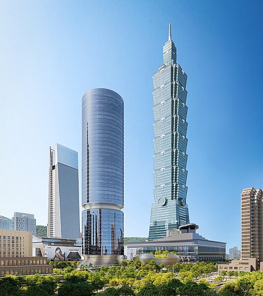 圖中圓柱體大樓為未來南山世貿三館大樓的模擬照。圖/北市環保局提供