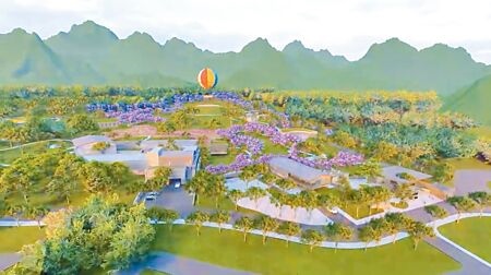 九九峰氦氣球樂園模型圖，全區採低密度開發，預計2025年底完工。（楊靜茹攝）