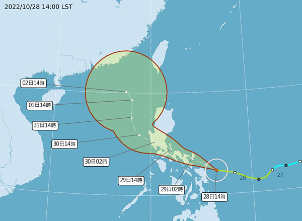 中央氣象局28日下午發布最新路徑預報,可看出颱風走向再往西修正,若颱風維持此路徑,發布海警、陸警機率就會更低。圖/氣象局