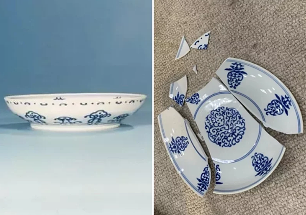 圖為「清　乾隆　青花花卉盤」破損情形。圖／故宮提供