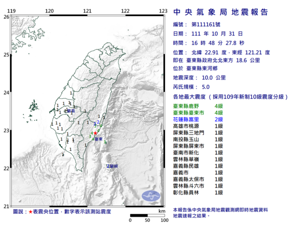 台東在31日發生規模5.0的有感地震。圖／取自中央氣象局