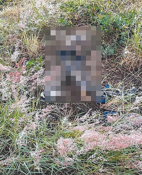 台中市北屯區14期重劃區崇德五路跟榮德路口附近,10月31日下午有除草工人發現一具下半身已裸露在外的白骨。(民眾提供/馮惠宜台中傳真)