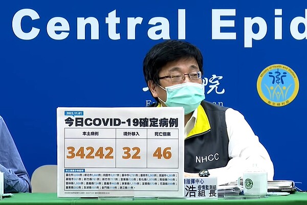 今(1日)增34242例本土個案。圖/截自疾管署YouTube直播