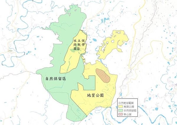 「龍崎牛埔惡地自然保留區」及「龍崎牛埔惡地地質公園」自然地景區示意圖。圖/水利局提供