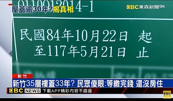 新竹一間住宅大樓的施工期間算一算大約33年,從民國84年開始,預計蓋完會是117年。圖/擷取自東森新聞