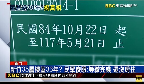 新竹一間住宅大樓的施工期間算一算大約33年，從民國84年開始，預計蓋完會是117年。圖／擷取自東森新聞