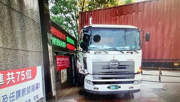 事發後,聯結車車頭卡在鳳山國中學校門口的圍牆旁。圖/聯合報