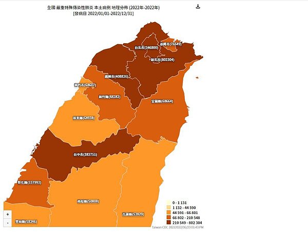 疾管署公布今年確診個案地理分布圖,基隆累計7萬6549例,市民確診率為21.18%。圖/取自疾管署網站