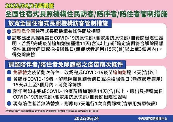 即日起有條件放寬全國住宿式長照機構訪客管制。圖／指揮中心提供	