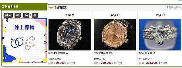 動質處推出強檔流當品拍賣,名牌手錶3萬起標。圖/台北市政府提供