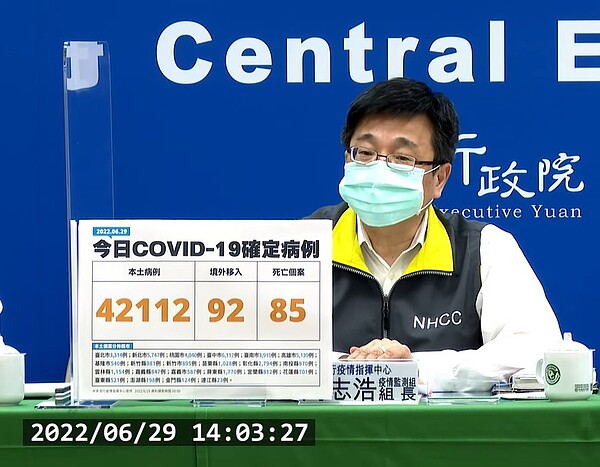 國內於6月29日新增42,112例本土個案及92例境外移入；確診個案中新增85例死亡。圖／疾管署直播