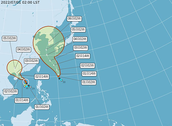 中央氣象局路徑潛勢預測圖顯示,輕颱芙蓉(左)朝廣東前進;菲律賓東方熱帶低壓(右)也將發展為輕颱艾利,朝琉球海面前進。圖/氣象局提供
