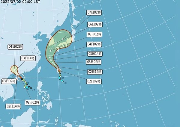 輕颱芙蓉今天中午將登陸朝廣東雷州半島附近;輕颱艾利則於今夜通過琉球海面。圖/取自氣象局網站