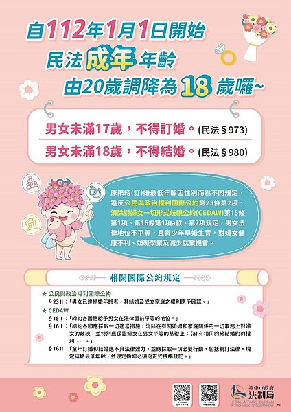 明年元月起，民法改18歲即成年，中市法制局QA短片秒懂新法。圖／中市府提供