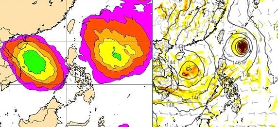 歐洲(ECMWF)系集模式(左圖)及美國(GFS)模式(右圖)下周二模擬圖皆顯示,菲律賓東方至南海海面仍是有利熱帶擾動發展的海域,但模擬結果仍分歧,需持續密切觀察。圖/取自「三立準氣象.老大洩天機」專欄