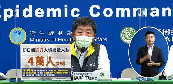 疫情指揮官陳時中宣布,即日起提升每周入境人數管制至4萬人。圖/擷取自疾管署直播畫面