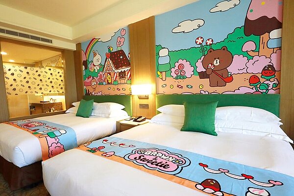 超萌Q的「LINE FRIENDS」主題房,就在麗寶福容大飯店。圖/麗寶福容大飯店提供