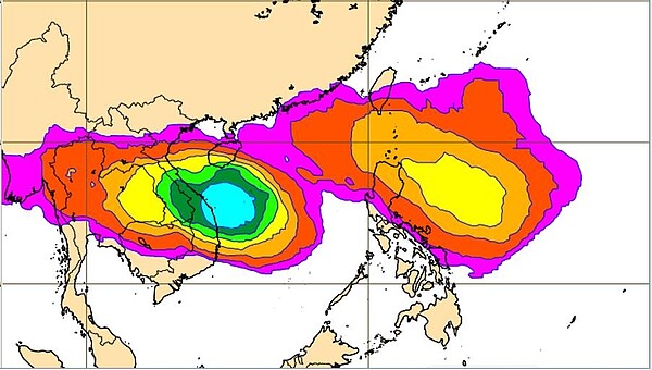 歐洲系集模式模擬圖顯示，下周三20時菲律賓東方及南海海面熱帶擾動的模擬機率，分別已達40%及70%。圖／取自「三立準氣象．老大洩天機」專欄