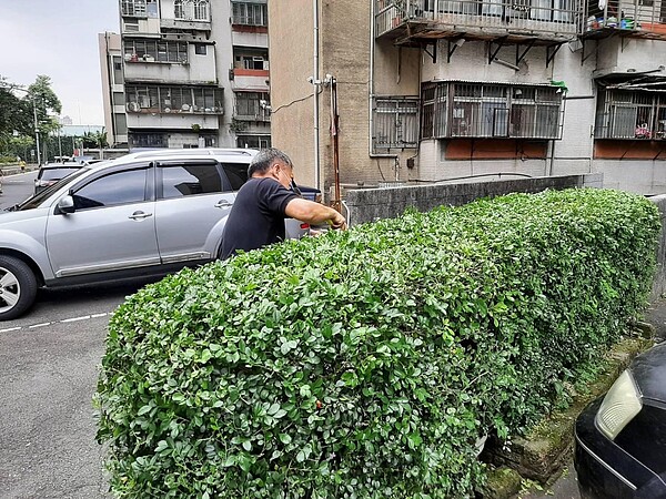 騰雲里清掃週，李重華里長正修剪道路旁的樹叢。圖／擷取自騰雲里Overcloud臉書