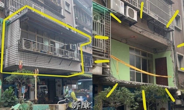 新北市新莊區新泰路2樓公寓陽台外推遭報拆,屋主損失慘重,還得自費填回女兒牆。圖/取自工程圖輯隊-新北工務局臉書