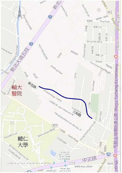 為維持三和路的通行，地政局在封閉路段旁鋪設替代道路（藍色路段）。圖／新北地政局提供