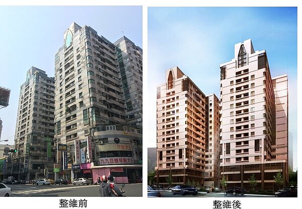 高雄三民區「鑽石雙星廣場大廈」2棟16層大樓外牆改善工程，預定今年11月完工。圖／高雄市政府提供