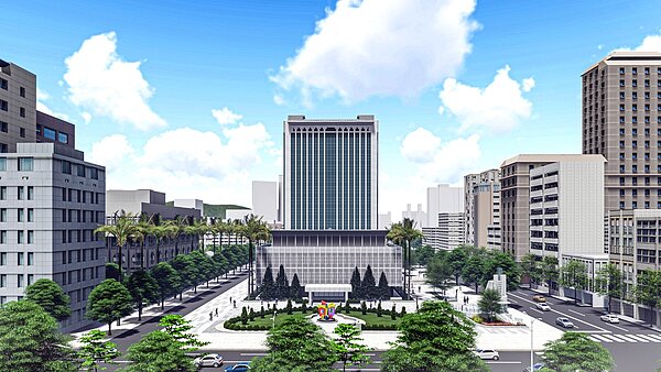 高雄舊市議會將透過都更手段進行活化轉型,前側議事廳轉化為公民廣場,後側高風大樓改建為金融新創大樓。模擬圖/高市文化局提供