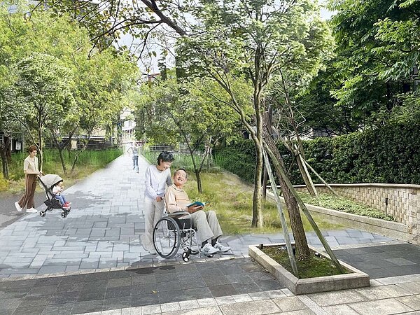 冷水坑溪新建兩座寬敞、舒適無障礙人行陸橋,縮短居民繞道困擾,輪椅族、娃娃車也方便通行。完工模擬圖/工務處提供