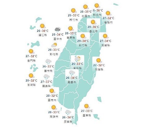 今日各地天氣預報概況。圖/擷取自中央氣象局