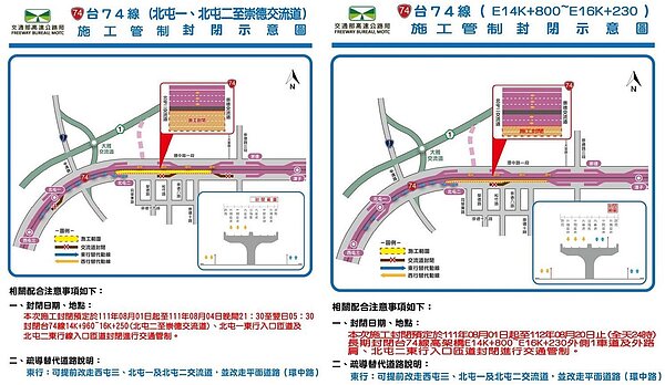 交通部高速公路局施作國道1號增設銜接台74線系統交流道工程,8月1日至4日夜間須全封閉台74線主線東行路段及北屯一、二東行匝道入口。圖/台中市政府提供