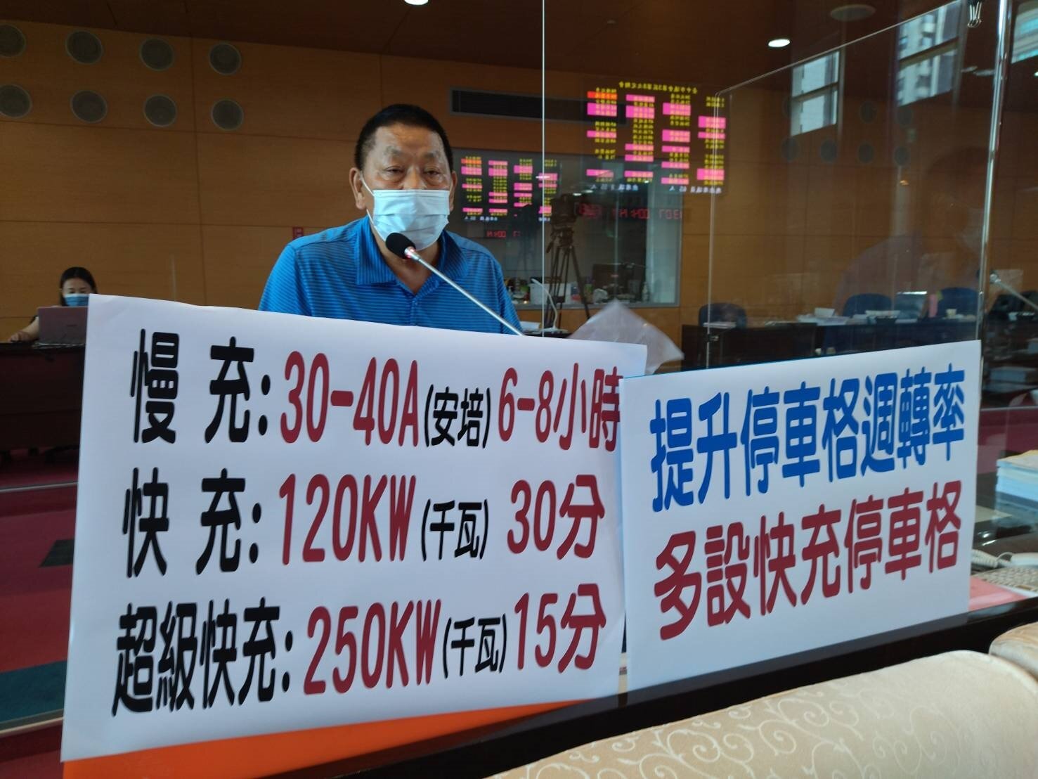 台中市議員李榮鴻建議市府，充電樁應採取快充，避免長時間占用充電車格。記者陳秋雲／攝影 
