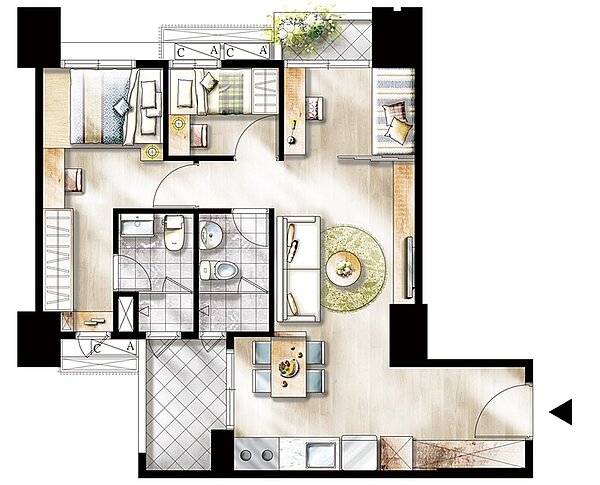 2+1房產品配置2間衛浴,且衛浴都採雙開窗,CP值高。圖/高鐵國際城提供